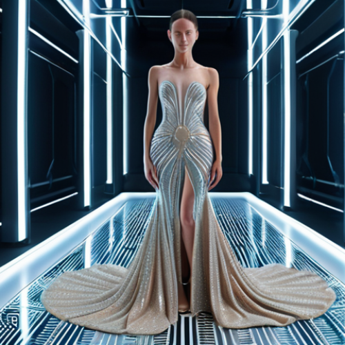 Home 4 "A stunning, hyper-realistic digital haute couture gown, shimmering with futuristic elegance and intricate details, displayed as a valuable NFT artwork within a sleek, minimalist metaverse gallery. Subtle blockchain patterns glow in the background, emphasizing secure ownership and the piece's immense investment potential. High resolution, cinematic lighting, luxurious, groundbreaking."