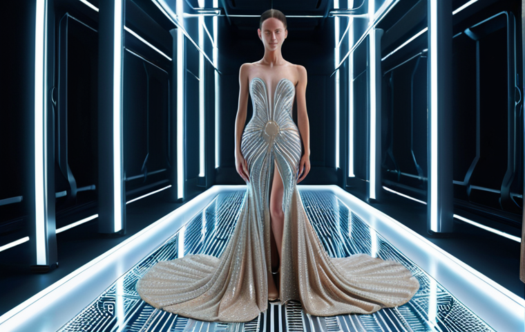 "A stunning, hyper-realistic digital haute couture gown, shimmering with futuristic elegance and intricate details, displayed as a valuable NFT artwork within a sleek, minimalist metaverse gallery. Subtle blockchain patterns glow in the background, emphasizing secure ownership and the piece's immense investment potential. High resolution, cinematic lighting, luxurious, groundbreaking."