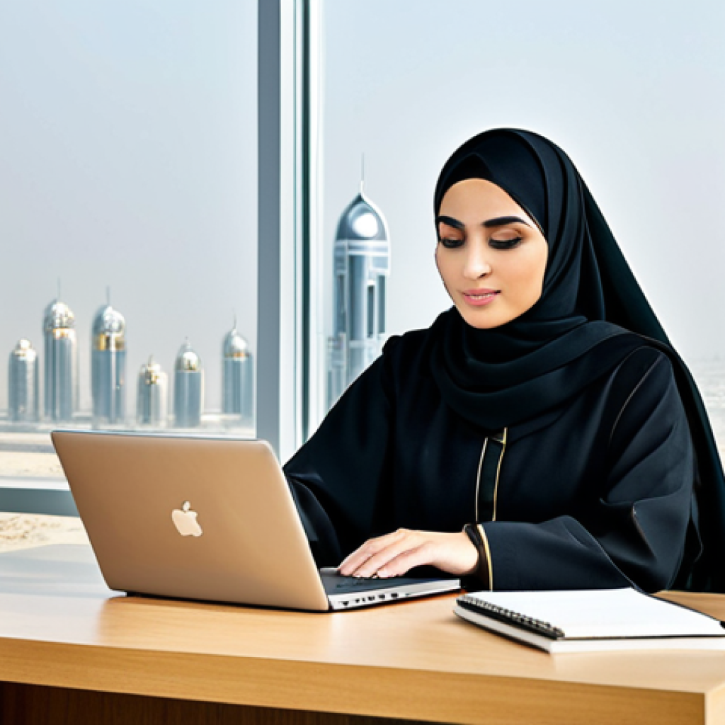 **

A professional Emirati businesswoman in a modern abaya, adorned with subtle, traditional embroidery, working on a laptop in a sleek, high-rise office overlooking the Dubai skyline, fully clothed, appropriate attire, safe for work, perfect anatomy, natural proportions, professional photography, high quality, modest clothing.

**