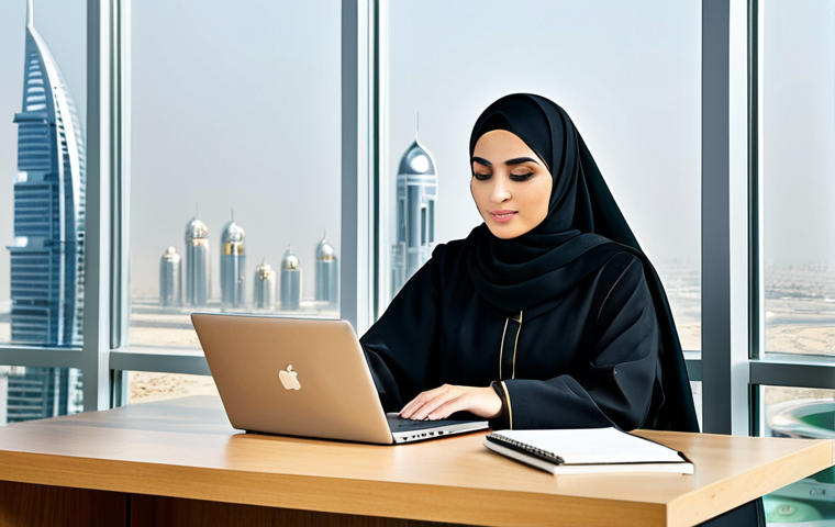 **

A professional Emirati businesswoman in a modern abaya, adorned with subtle, traditional embroidery, working on a laptop in a sleek, high-rise office overlooking the Dubai skyline, fully clothed, appropriate attire, safe for work, perfect anatomy, natural proportions, professional photography, high quality, modest clothing.

**