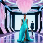 디지털 패션 NFT와 스토리텔링 - **Prompt:** A hyperrealistic digital art image depicting a futuristic haute couture fashion show wit...