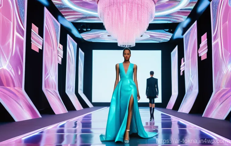 디지털 패션 NFT와 스토리텔링 - **Prompt:** A hyperrealistic digital art image depicting a futuristic haute couture fashion show wit...