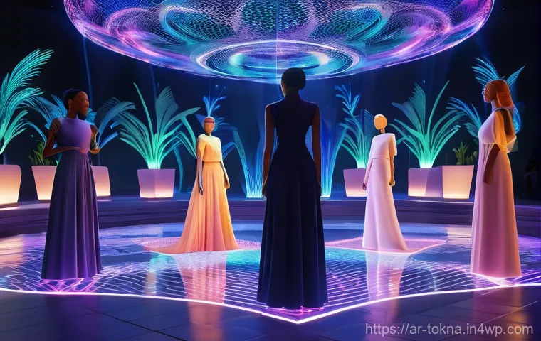 디지털 패션 NFT의 비즈니스 모델 - **Prompt 1: "The Grand Reveal of 'Al-Zahra' NFT Collection in the Metaverse"**
    A full shot of an...