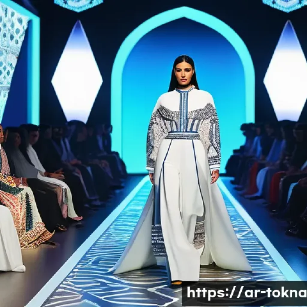 NFT 패션의 크로스오버 사례 - A futuristic digital fashion runway set in a vibrant virtual environment inspired by Middle Eastern ...