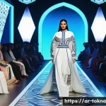 NFT 패션의 크로스오버 사례 - A futuristic digital fashion runway set in a vibrant virtual environment inspired by Middle Eastern ...