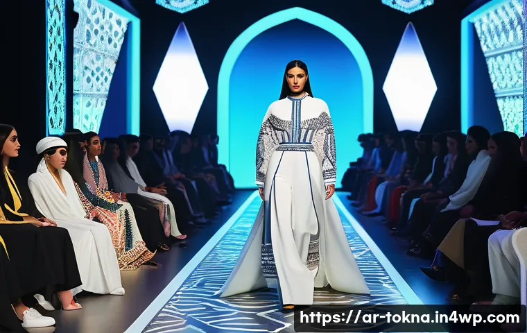 NFT 패션의 크로스오버 사례 - A futuristic digital fashion runway set in a vibrant virtual environment inspired by Middle Eastern ...