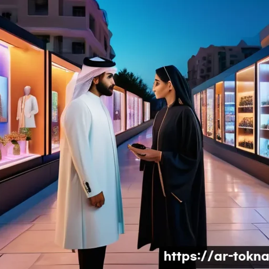 NFT 패션의 마케팅 자동화 - A sophisticated digital fashion marketplace interface set in a modern Middle Eastern cityscape at du...