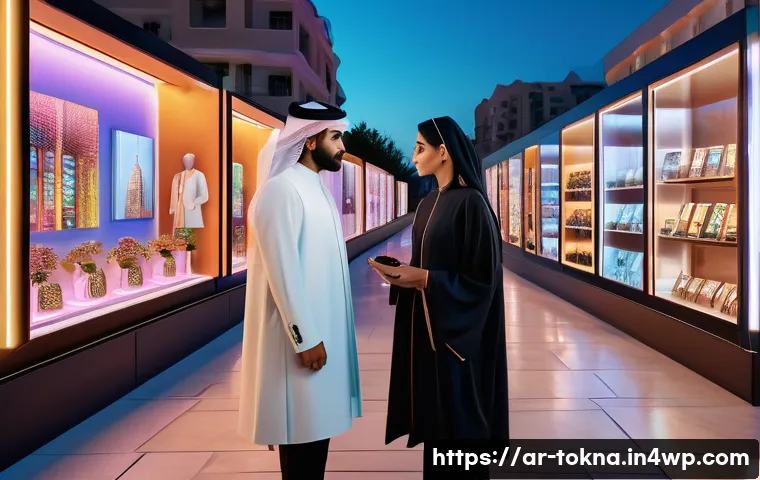 NFT 패션의 마케팅 자동화 - A sophisticated digital fashion marketplace interface set in a modern Middle Eastern cityscape at du...