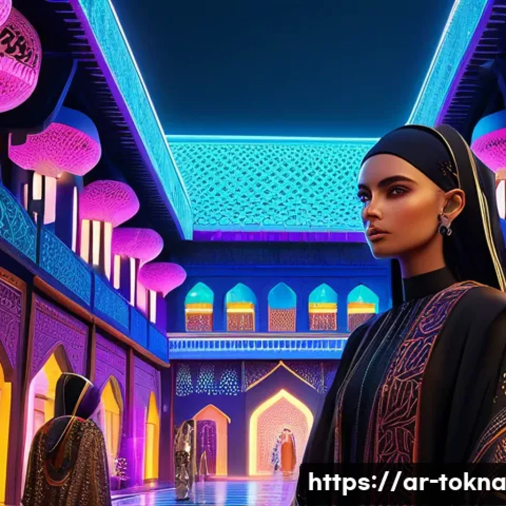 디지털 패션 NFT의 대중문화적 영향 - A futuristic digital fashion scene set in an Arabian-inspired virtual marketplace at dusk, featuring...