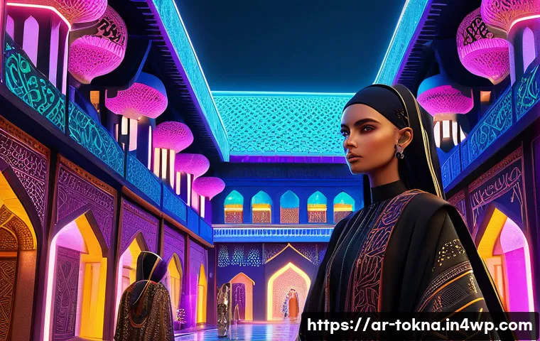 디지털 패션 NFT의 대중문화적 영향 - A futuristic digital fashion scene set in an Arabian-inspired virtual marketplace at dusk, featuring...