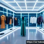 디지털 패션 NFT vs 전통 패션 - A futuristic digital fashion showroom set in a sleek, high-tech environment with holographic display...