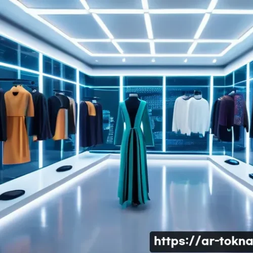 디지털 패션 NFT vs 전통 패션 - A futuristic digital fashion showroom set in a sleek, high-tech environment with holographic display...