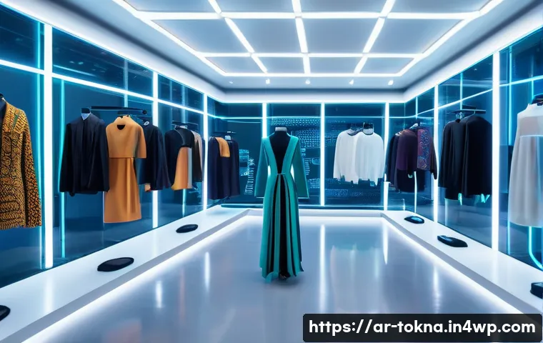 디지털 패션 NFT vs 전통 패션 - A futuristic digital fashion showroom set in a sleek, high-tech environment with holographic display...
