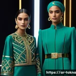 디지털 패션 NFT의 라이센스 문제 - A sophisticated digital fashion showroom set in a futuristic Middle Eastern metropolis at dusk, feat...