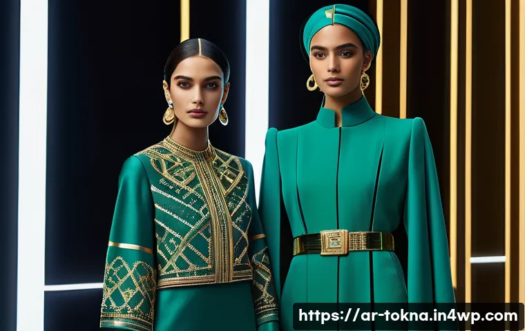 디지털 패션 NFT의 라이센스 문제 - A sophisticated digital fashion showroom set in a futuristic Middle Eastern metropolis at dusk, feat...