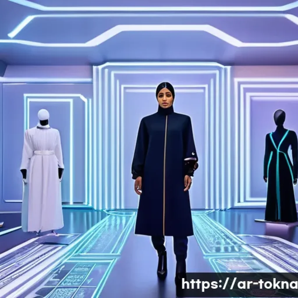 NFT 패션의 소비 트렌드 변화 - A futuristic digital fashion showroom set in a sleek metaverse environment, featuring diverse models...
