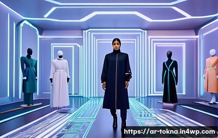 NFT 패션의 소비 트렌드 변화 - A futuristic digital fashion showroom set in a sleek metaverse environment, featuring diverse models...