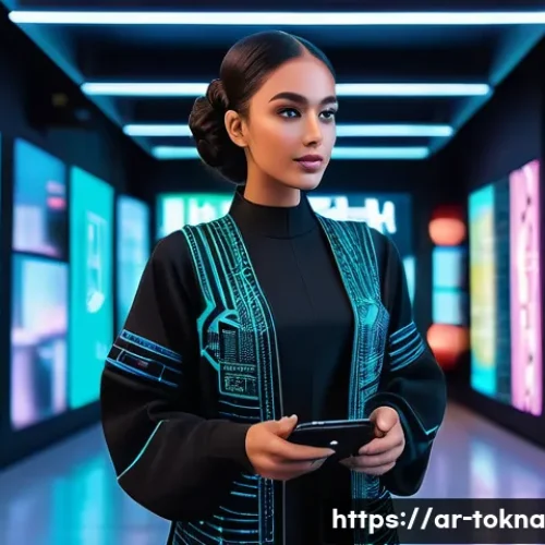 디지털 패션 NFT의 경험적 가치 - A stylish young Middle Eastern woman in a futuristic digital outfit designed as an NFT, standing con...