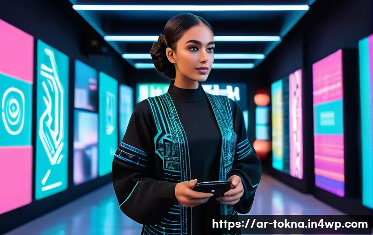 디지털 패션 NFT의 경험적 가치 - A stylish young Middle Eastern woman in a futuristic digital outfit designed as an NFT, standing con...