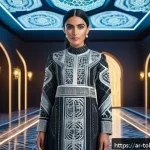 디지털 패션 NFT와 AI 기술의 접목 - A futuristic digital fashion designer workspace set in a sleek virtual reality environment inspired ...