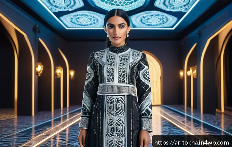 디지털 패션 NFT와 AI 기술의 접목 - A futuristic digital fashion designer workspace set in a sleek virtual reality environment inspired ...